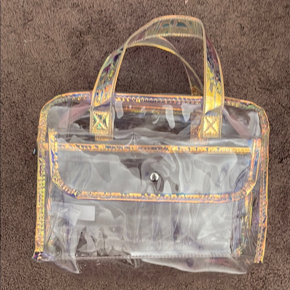 Primark Silver and White Cosmetic Bag with Clear Design and Zipper Closure